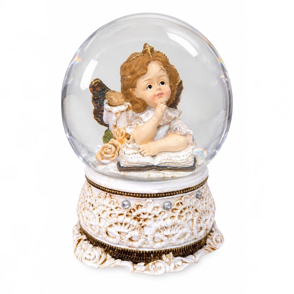 Zenélő vintage angyal karácsonyi hógömb (17 cm)