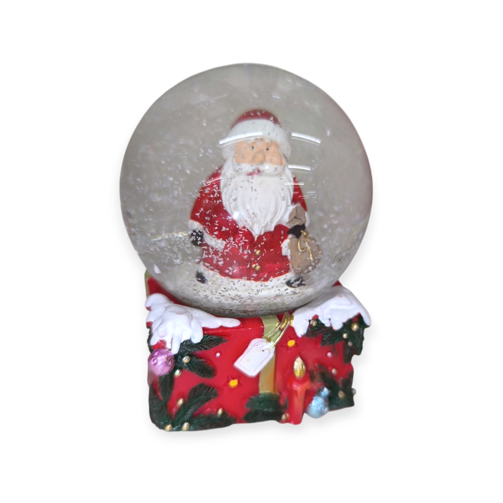 Arany szalag – karácsonyi hógömb Mikulással 8 cm