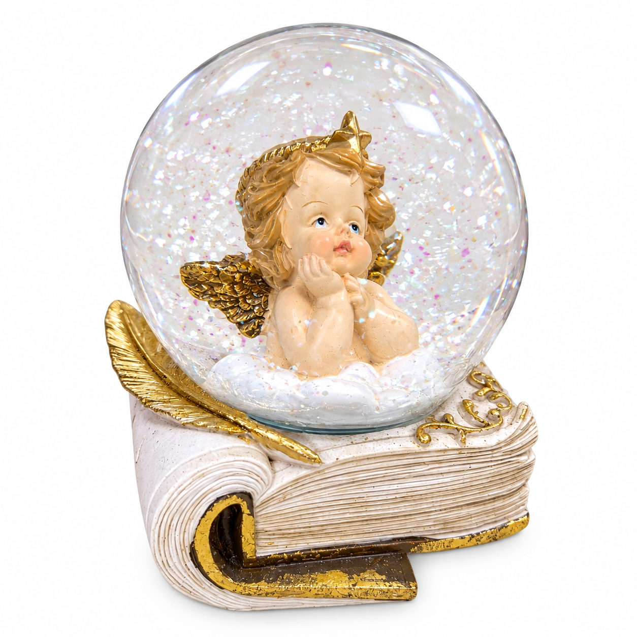Aranyszárnyú angyal karácsonyi hógömb könyv (12,5 cm)