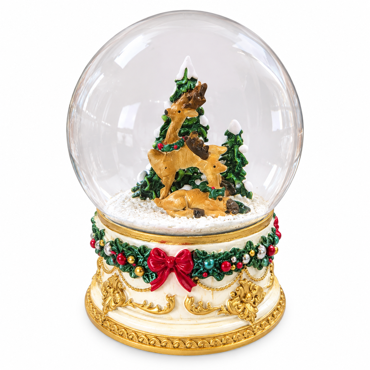 Zenélő vintage rénszarvas karácsonyi hógömb (14 cm)