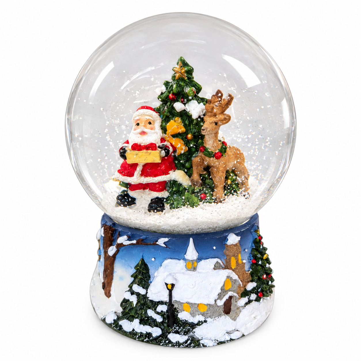 Zenélő Mikulás és rénszarvas karácsonyi hógömb (13,5 cm)