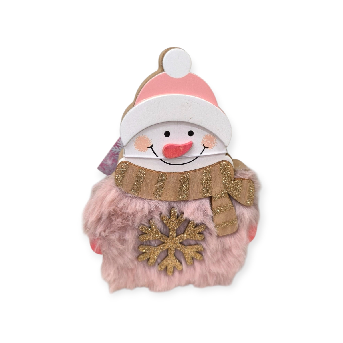 Rózsaszín Hóember fa karácsonyi asztaldísz szőrmével és csillogó pelyhekkel 13cm