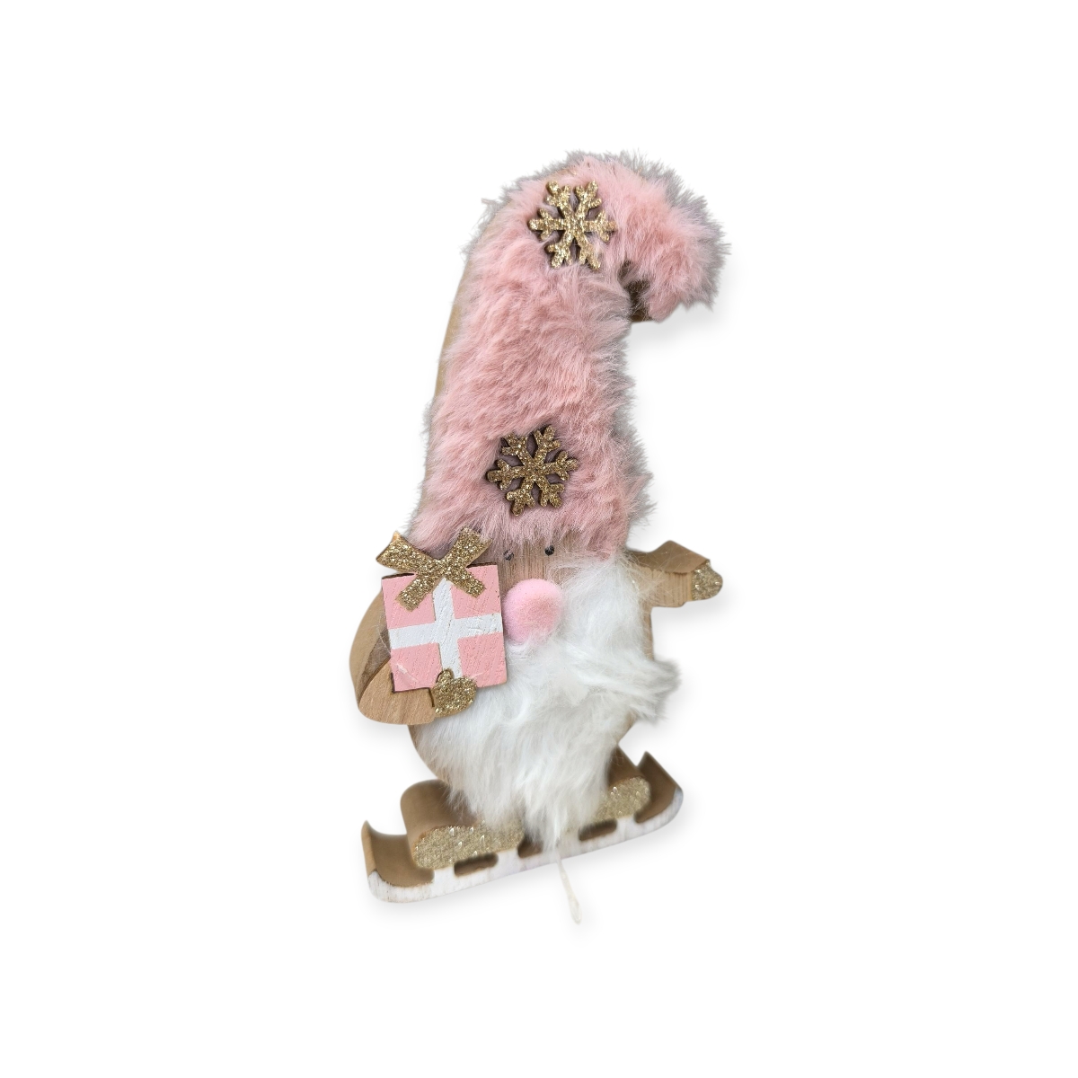 Rózsaszín prémes gnóm asztali karácsonyi dísz ajándékkal – 17cm