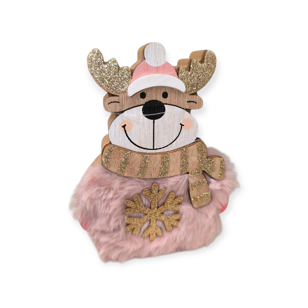 Rózsaszín prémes fa szarvas karácsonyi dekoráció – 13cm