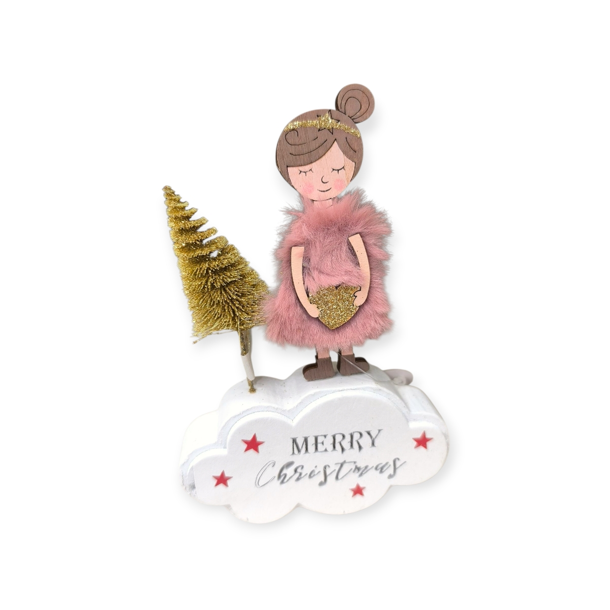 Fából készült karácsonyi angyalka asztaldísz csillámos fenyővel 15cm