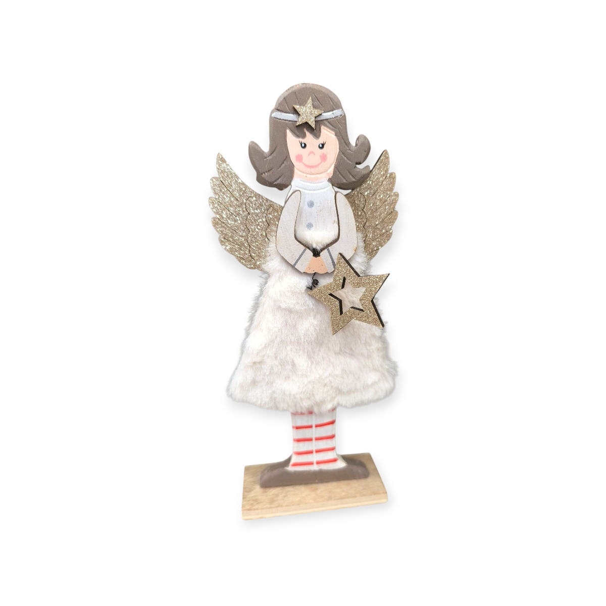 Csillagfény angyal karácsonyi asztaldísz fehér szőrmével 24cm