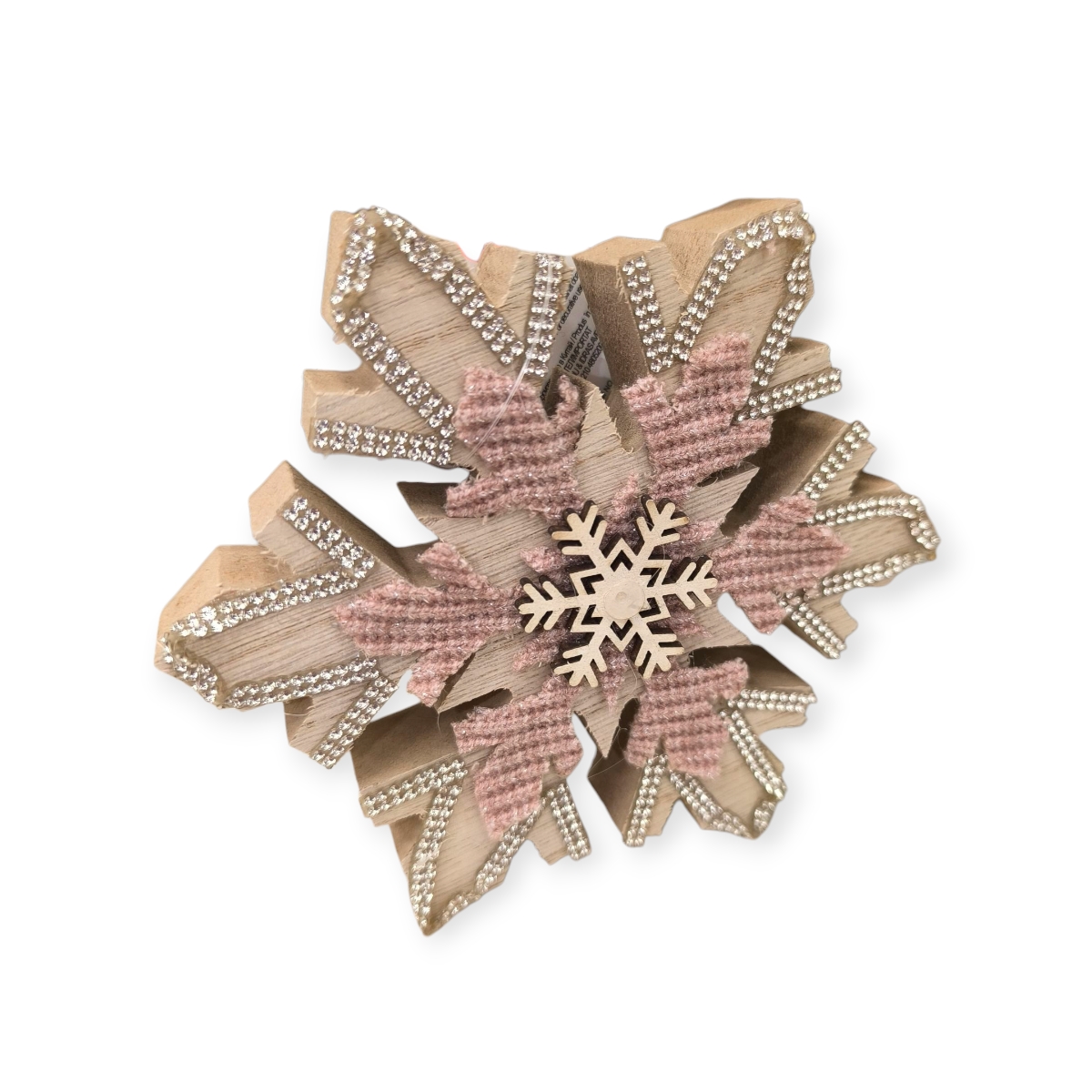 Rózsapehely fa karácsonyi asztaldísz szőrmével és strasszokkal 14x12cm