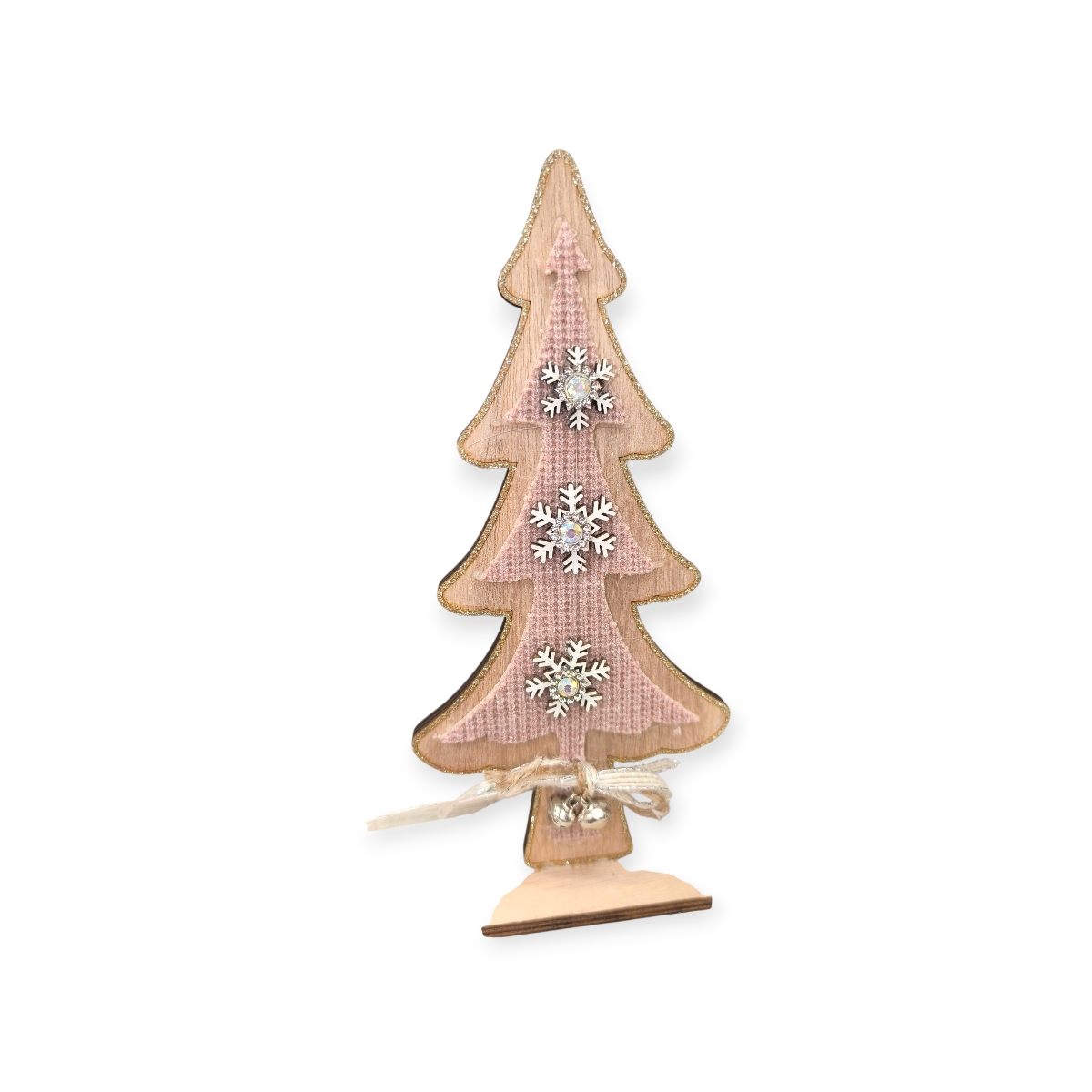 Rózsaszőrme fa asztaldísz, karácsonyfa harang díszekkel 11x23cm