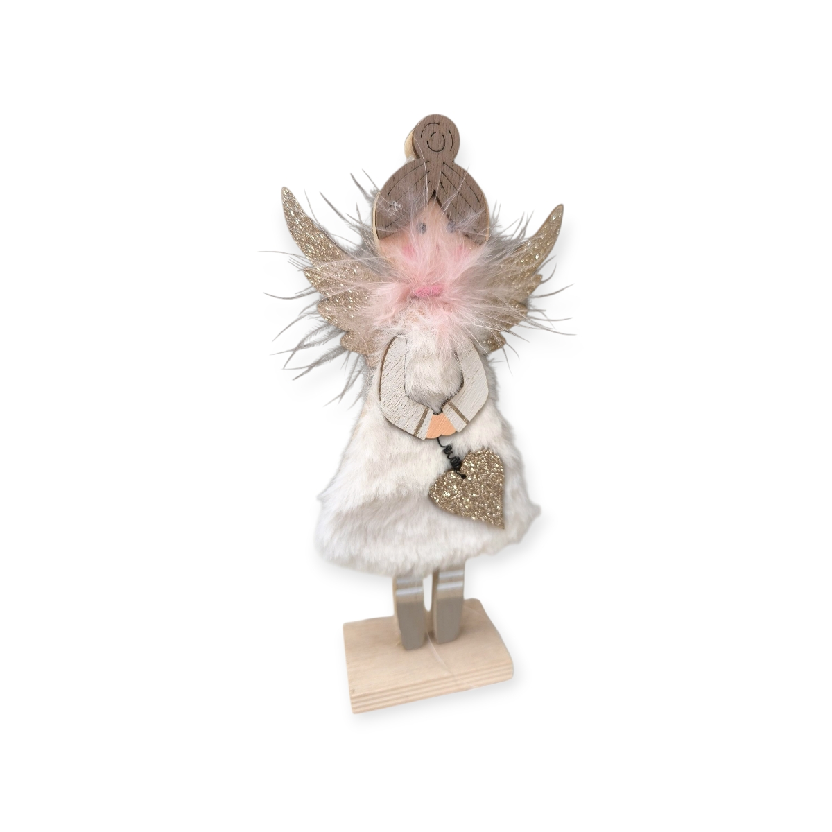 Csillámló angyalszív karácsonyi asztaldísz fehér szőrmével 19 cm