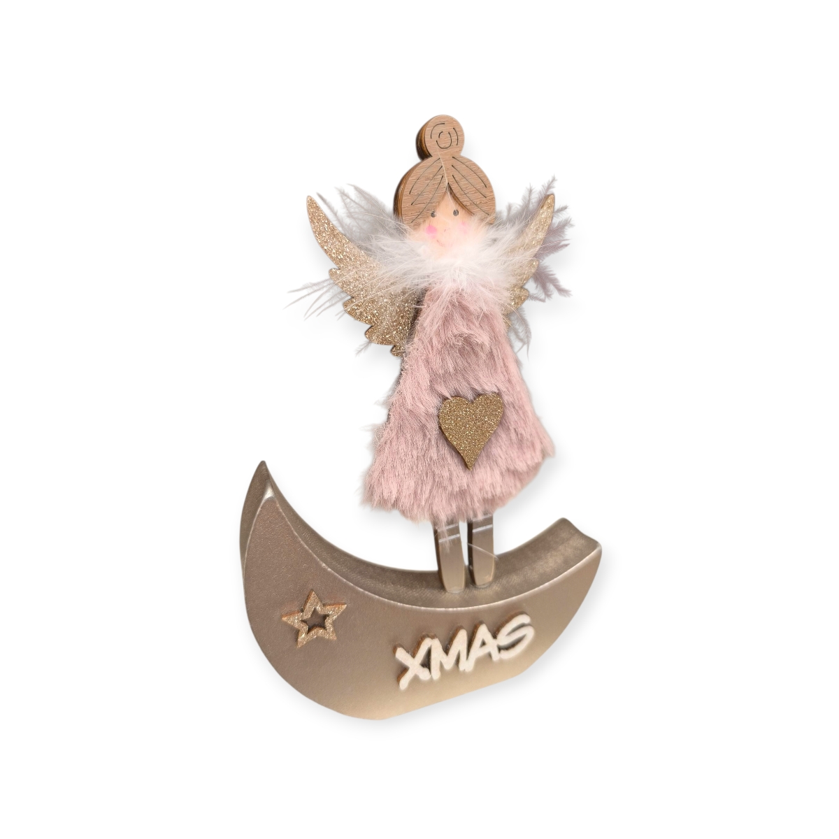 Aranyló angyalszív karácsonyi asztaldísz bézs szőrmével 19 cm