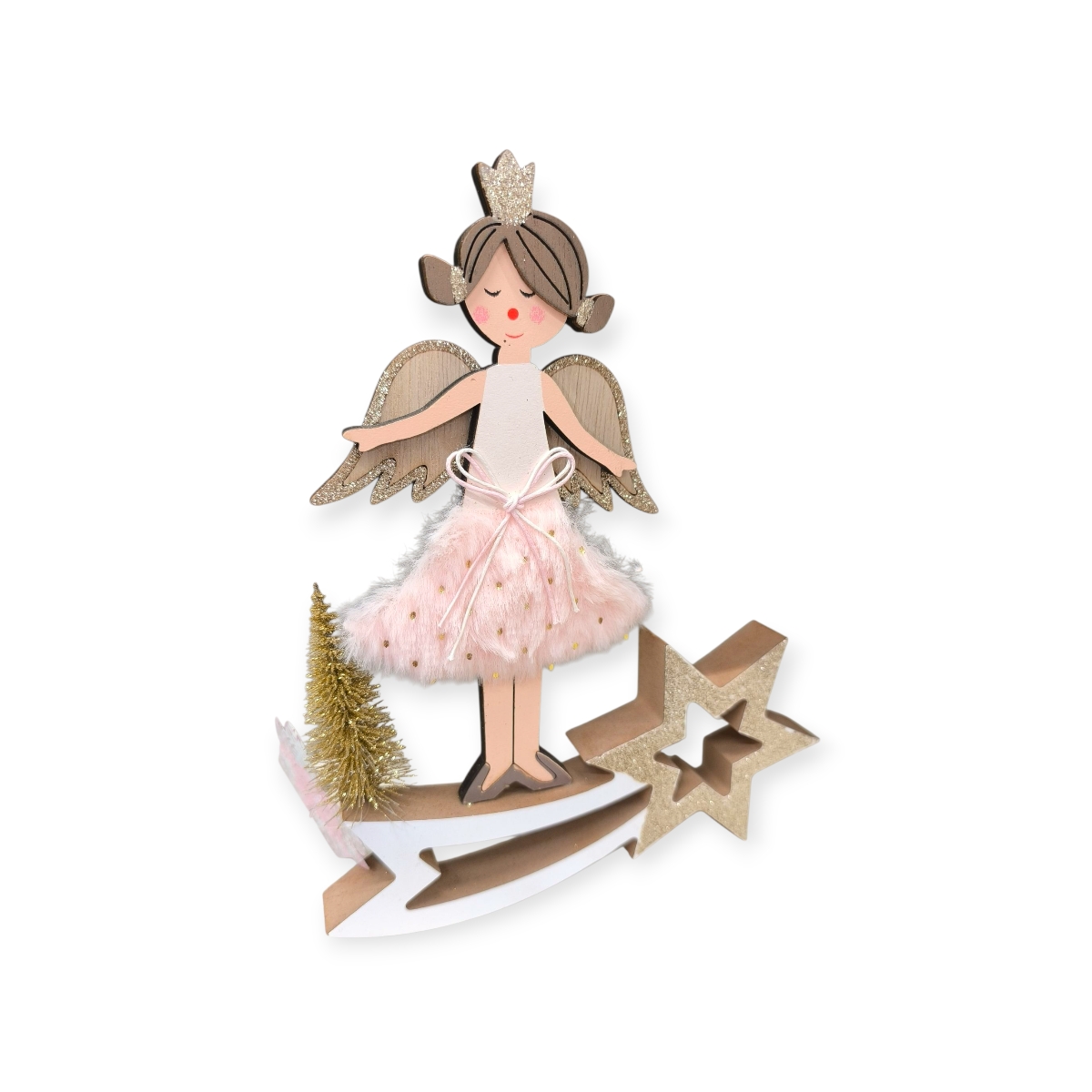Rózsaszín angyallány karácsonyi fa dísz csillaggal 23 cm