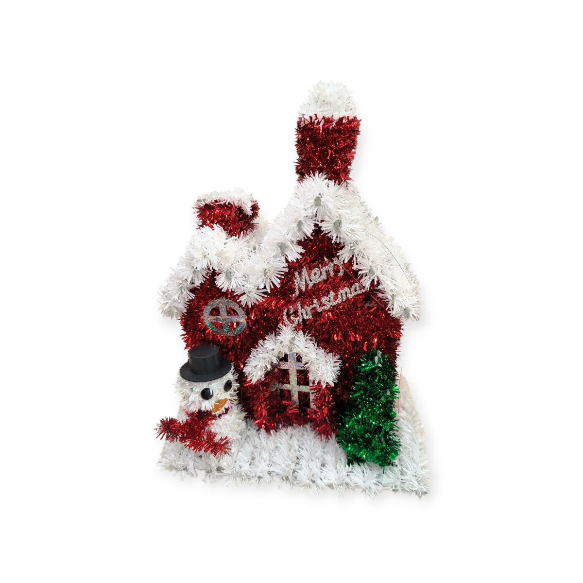 3D karácsonyi ház hóemberrel és fenyőfával 23cm