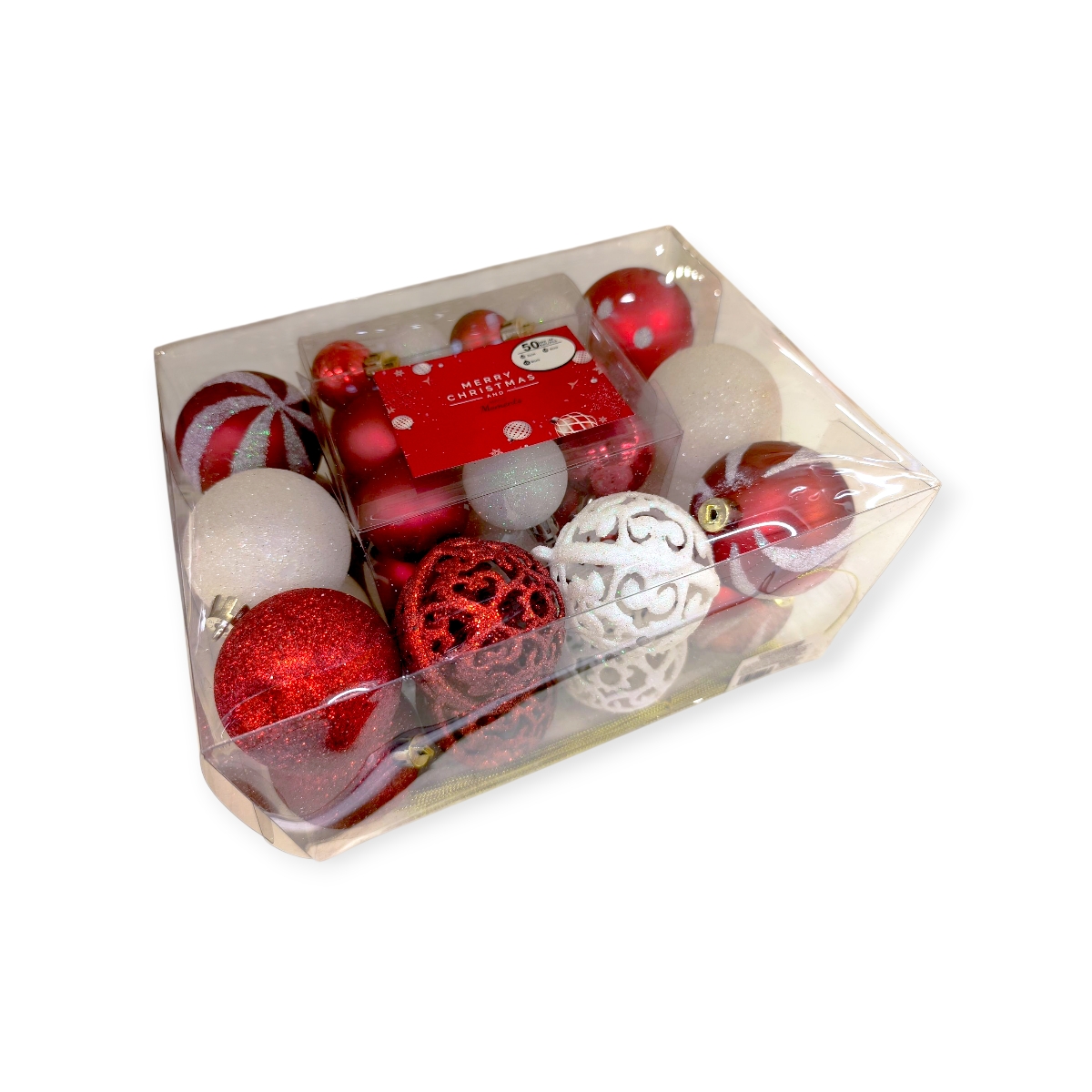 Piros-fehér cukorka karácsonyi gömb szett 3-6cm – 50db