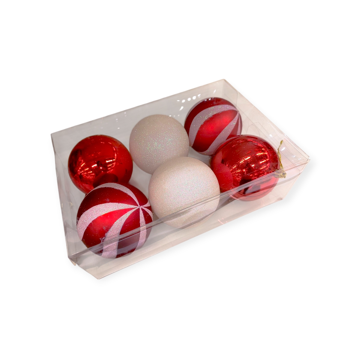 Fehér-piros cukorka karácsonyi gömb szett csillámmal Ø10cm – 6db
