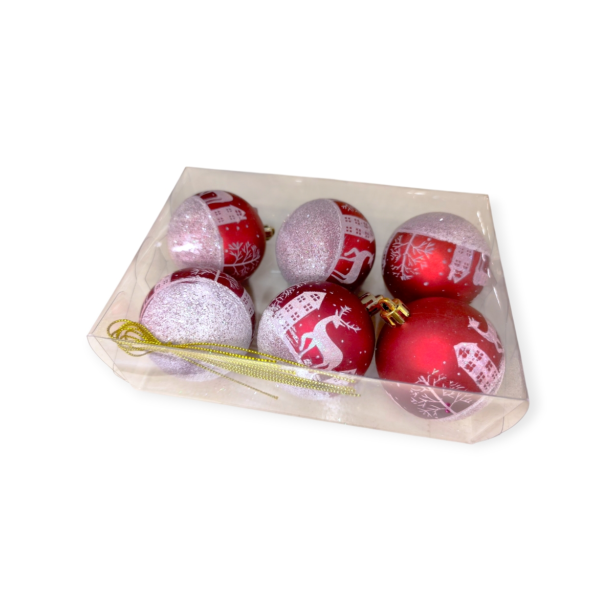 Hóvörös karácsonyi gömb szett havas tájképpel és csillámmal Ø6cm – 6db