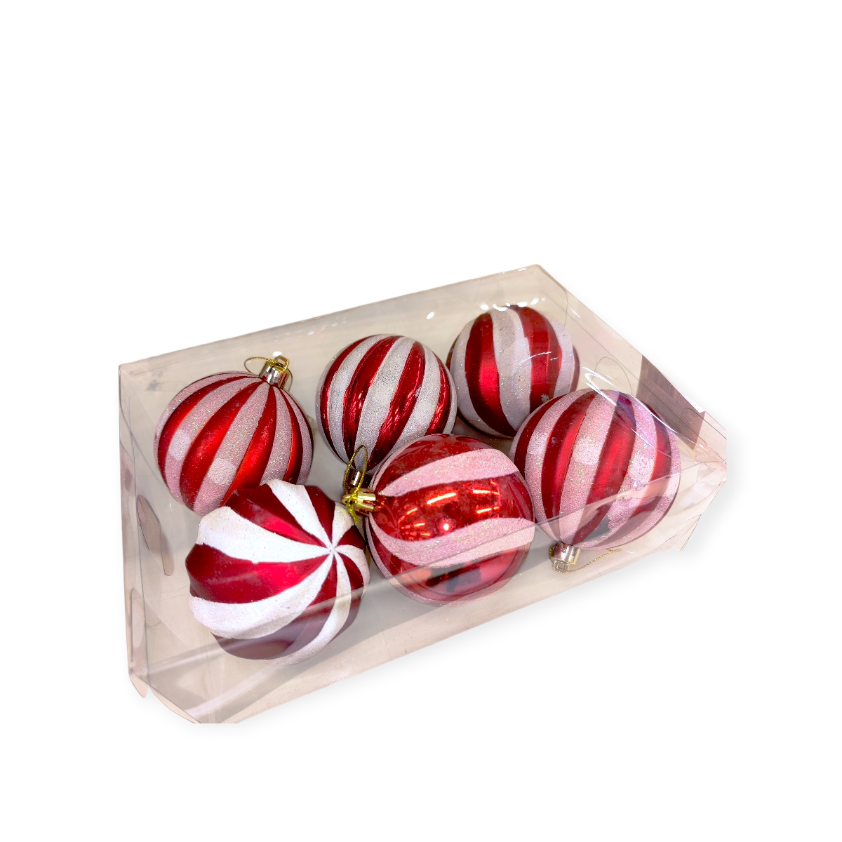 Cukorka piros karácsonyfadísz szett holografikus csíkkal 8cm – 6db