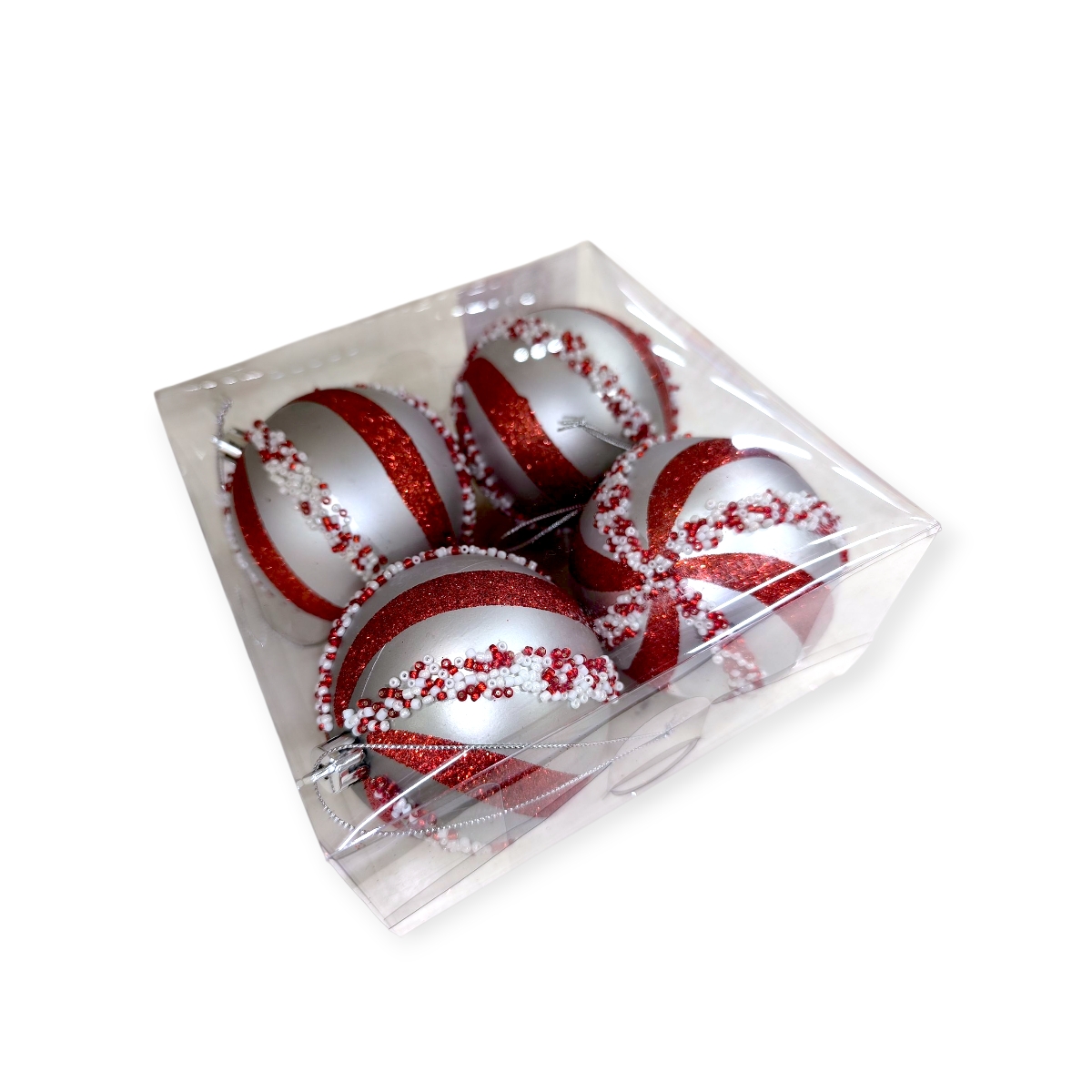 Ezüst–piros Candy karácsonyi gömb szett gyöngyös díszítéssel 8cm – 4db