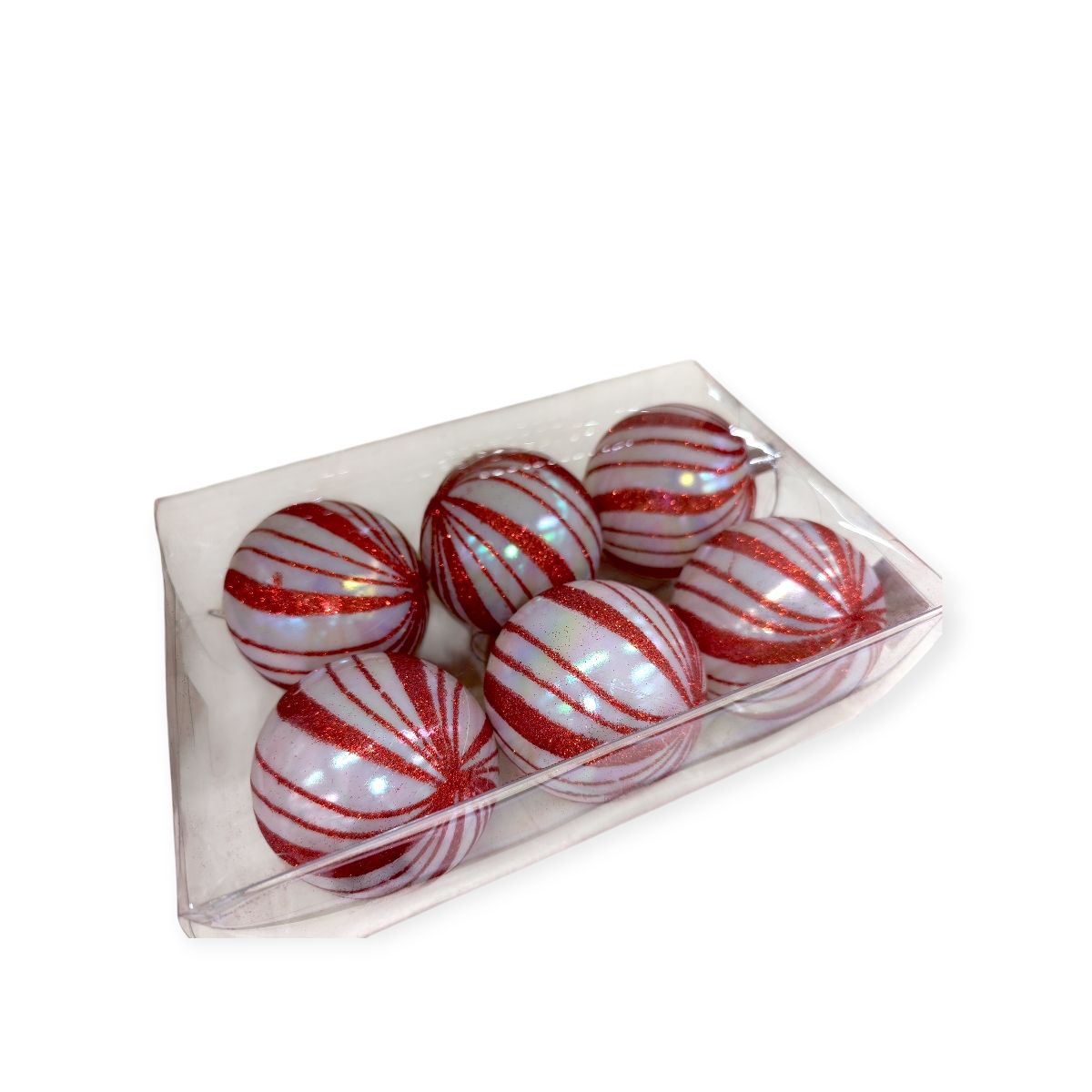 Gyöngyfehér–piros cukorka karácsonyfadísz szett csillámos csíkokkal Ø8cm – 6db