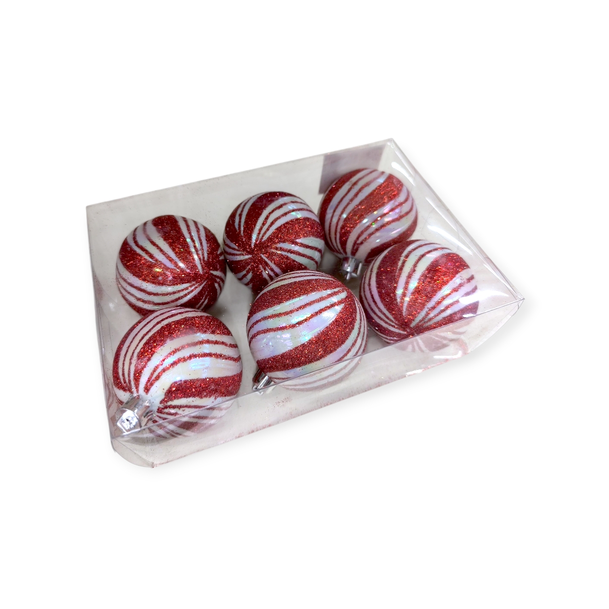 Piros–fehér cukorka karácsonyfadísz szett csillámos csíkokkal 6cm – 6db