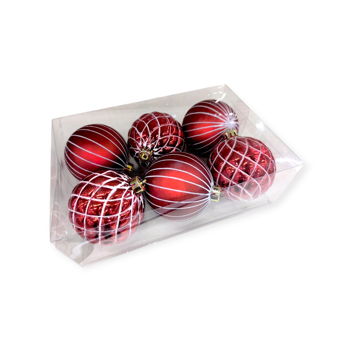 Piros karácsonyfadísz készlet fehér csíkos, csillogó rombuszmintával Ø8cm – 6db