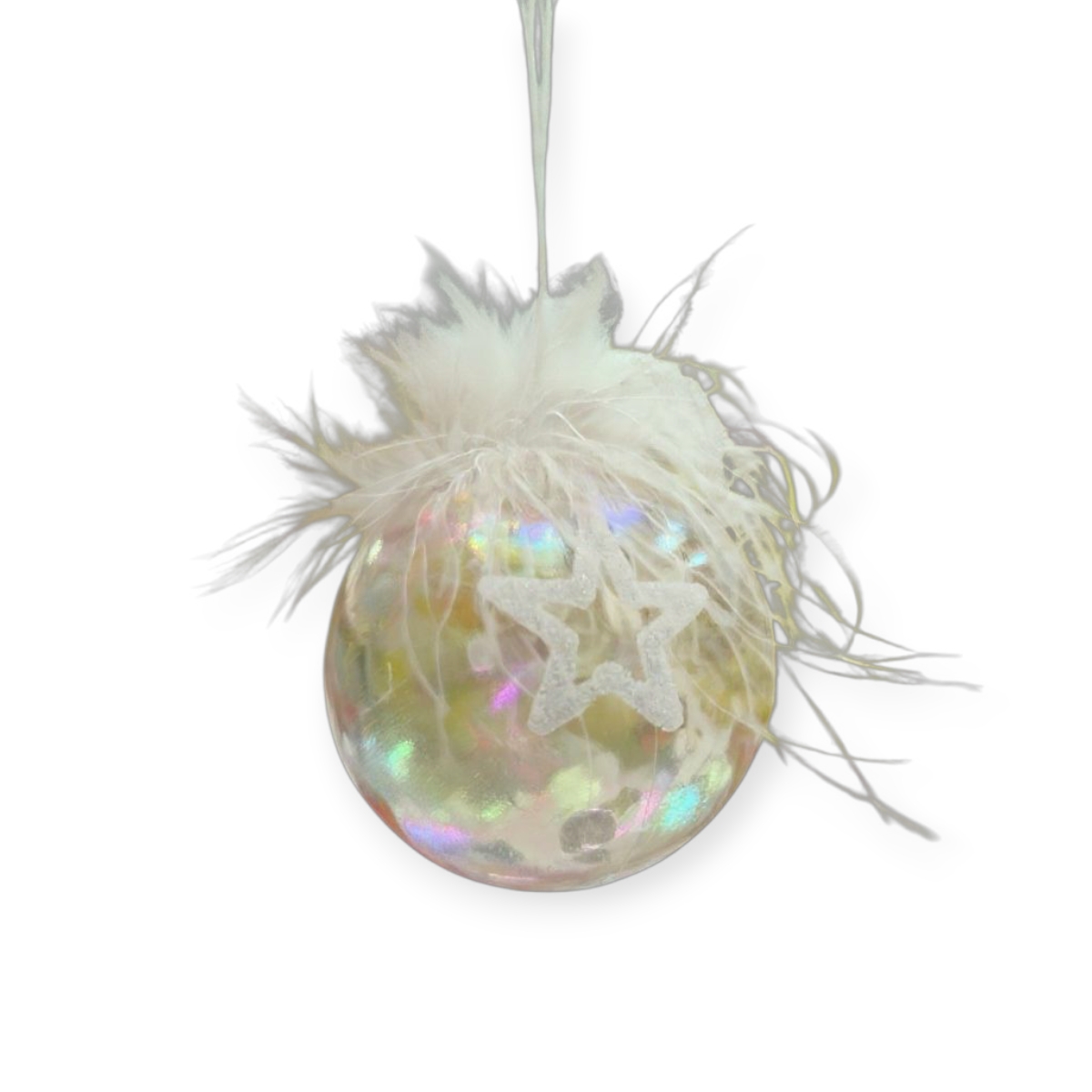 Átlátszó karácsonyfadísz fehér tollakkal és csillagmintával 8cm