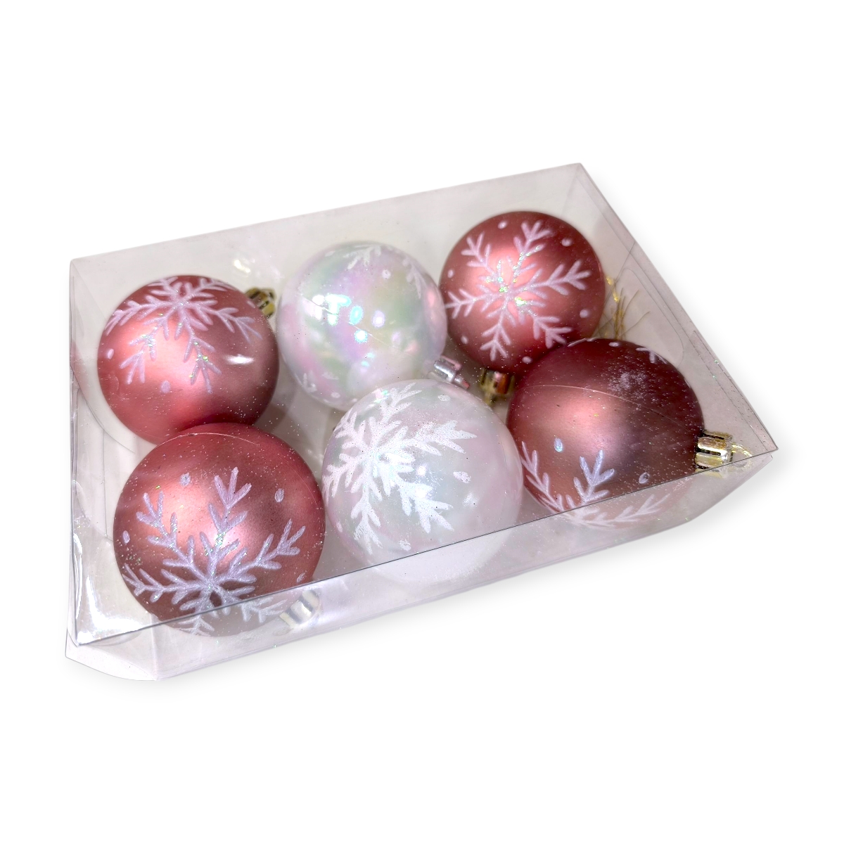 Rózsaszín-fehér karácsonyi gömb szett holografikus pelyhekkel 6cm - 6db