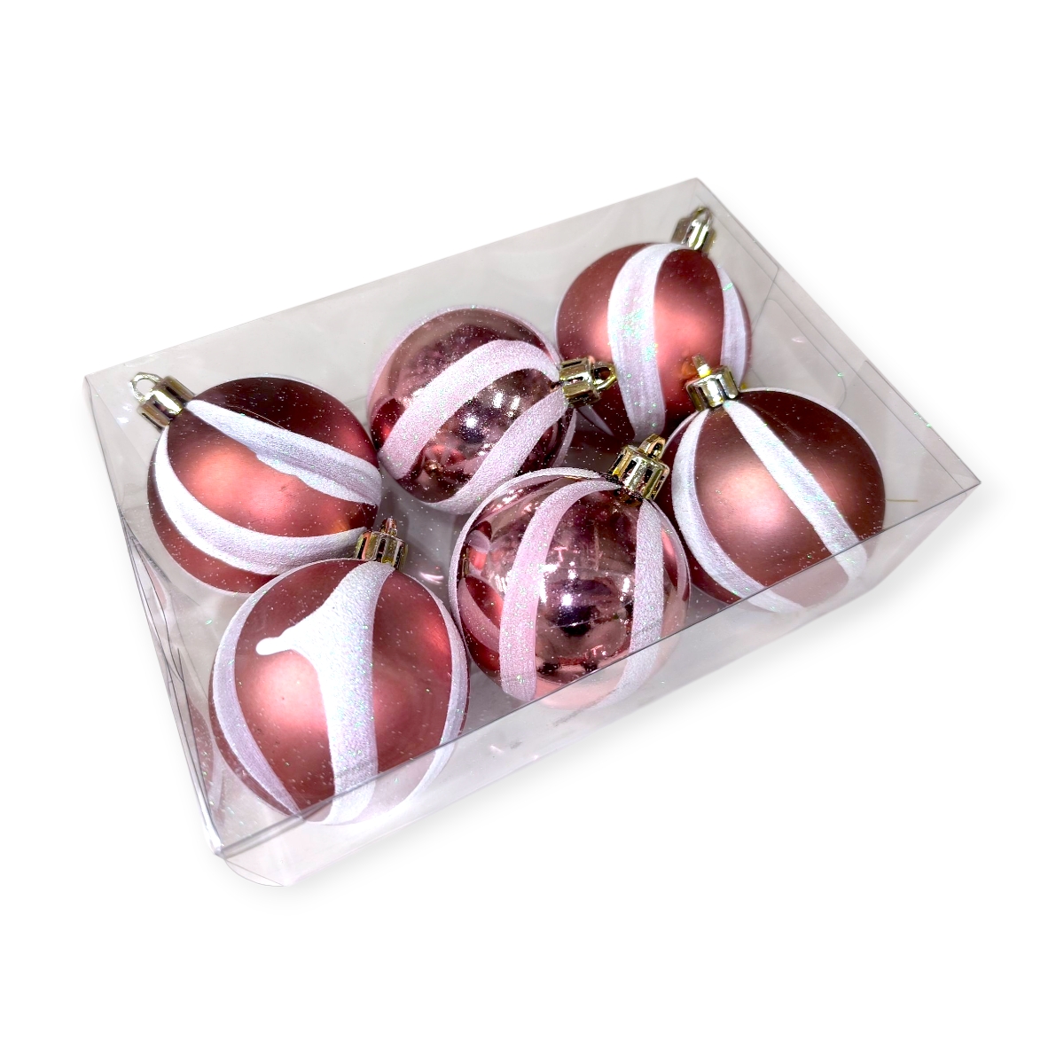 Rózsaszín-fehér karácsonyi gömb szett csillogó csíkokkal 6cm - 6db