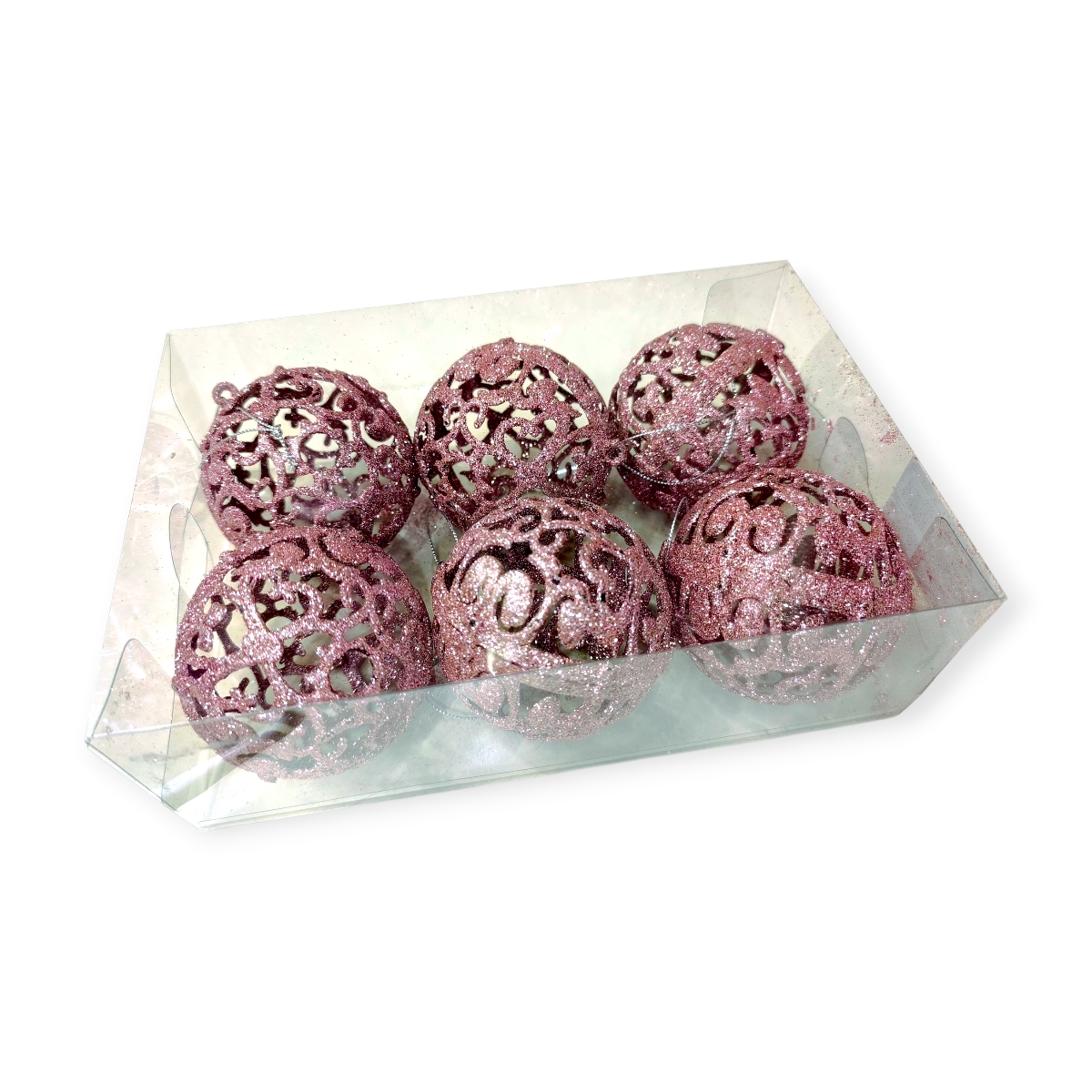 Rózsaszín csipkés csillámos karácsonyi gömb szett 8cm - 6db