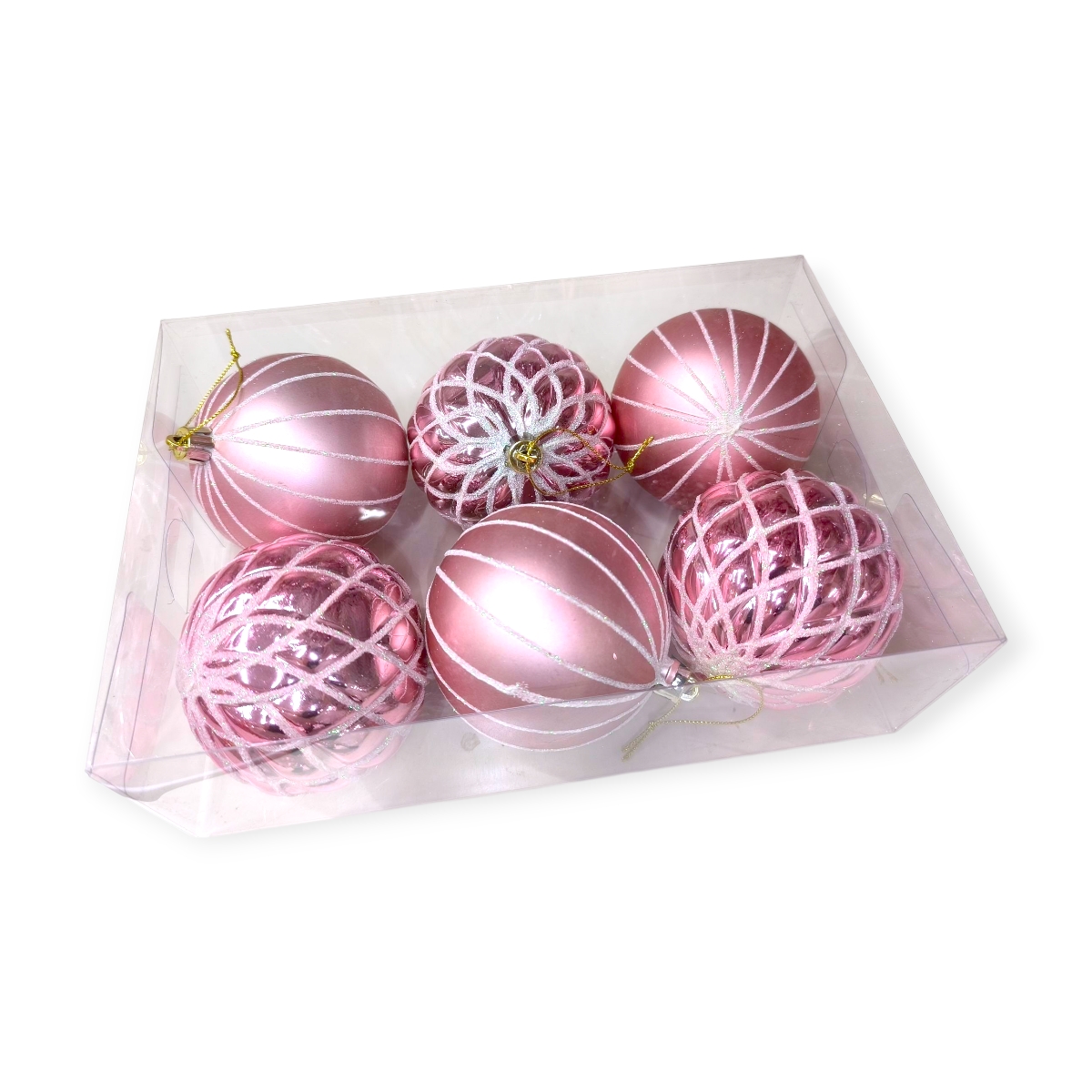Karácsonyi gömbök rózsaszín arany fehér 8cm – 6db