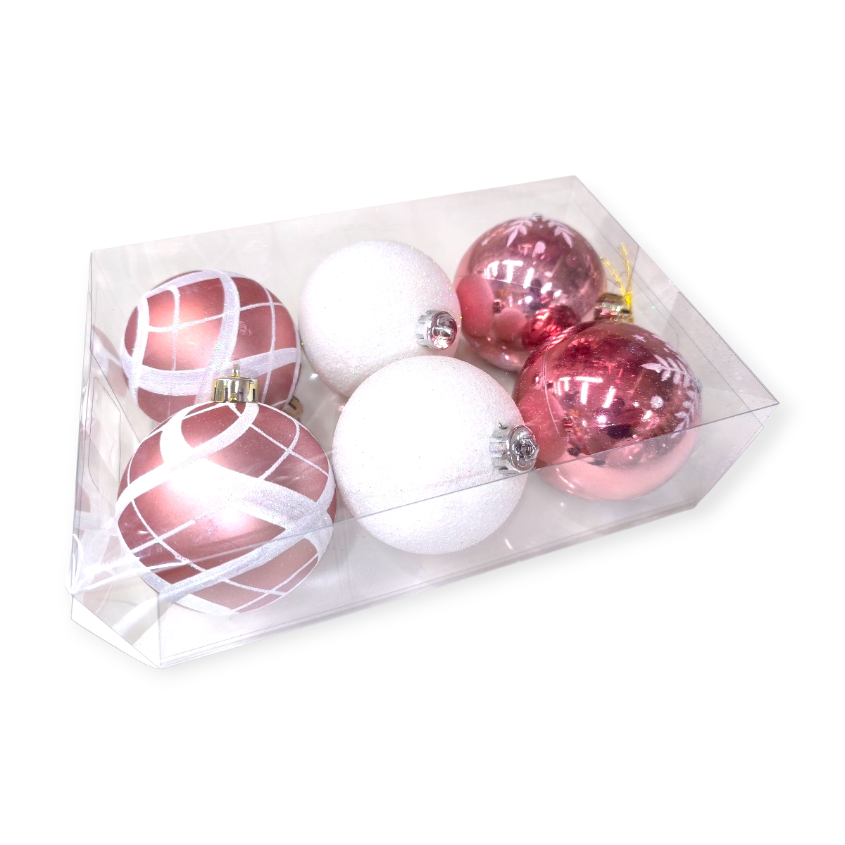 Rózsaszín-fehér karácsonyi gömbök 8cm – 6db
