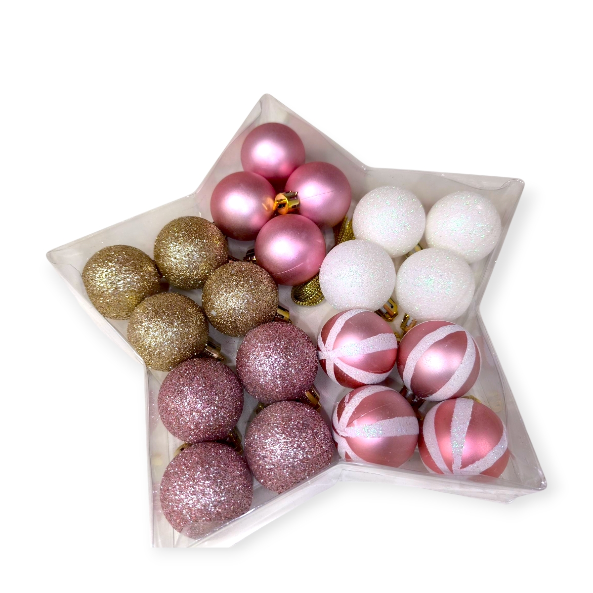 Rózsaszín-fehér pezsgő karácsonyi gömb készlet 4cm – 20db