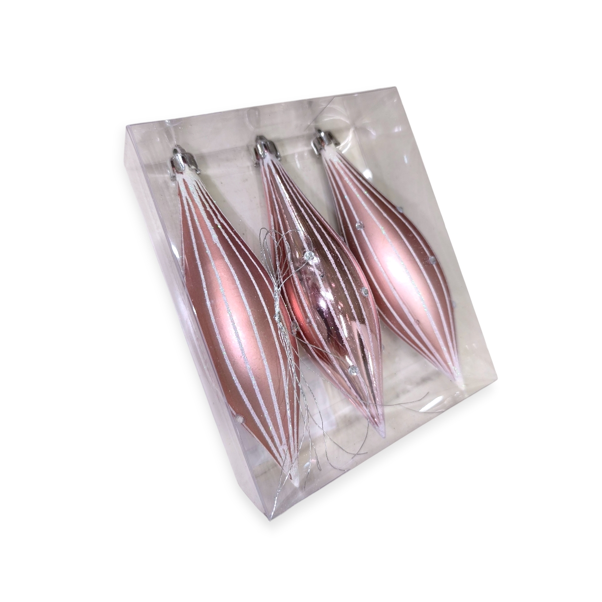 Karácsonyfadísz rózsaszín csepp alakú szett csillámos csíkokkal 15cm – 3db