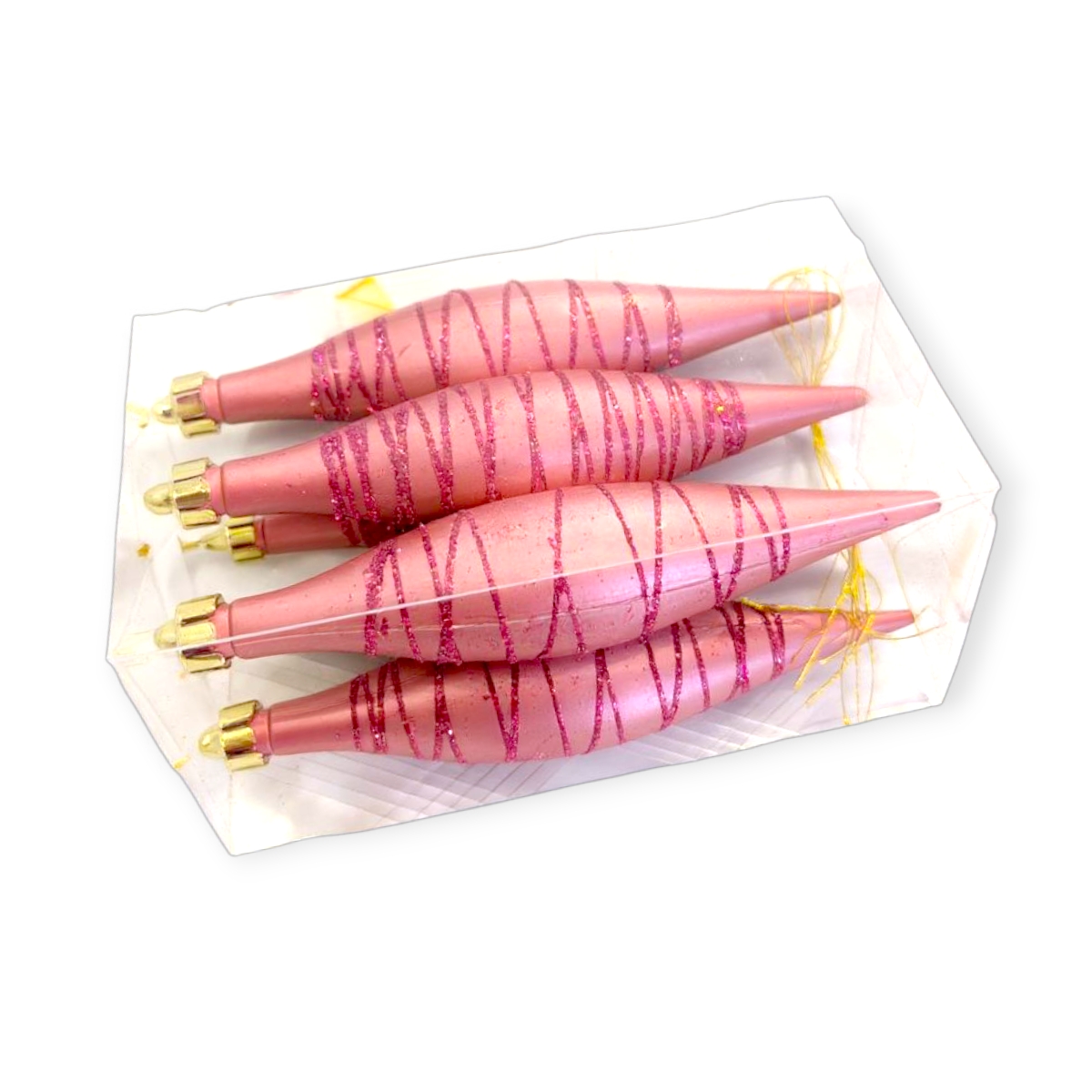 Karácsonyfadísz rózsaszín csepp alakú szett csillogó csíkokkal 16cm – 3db