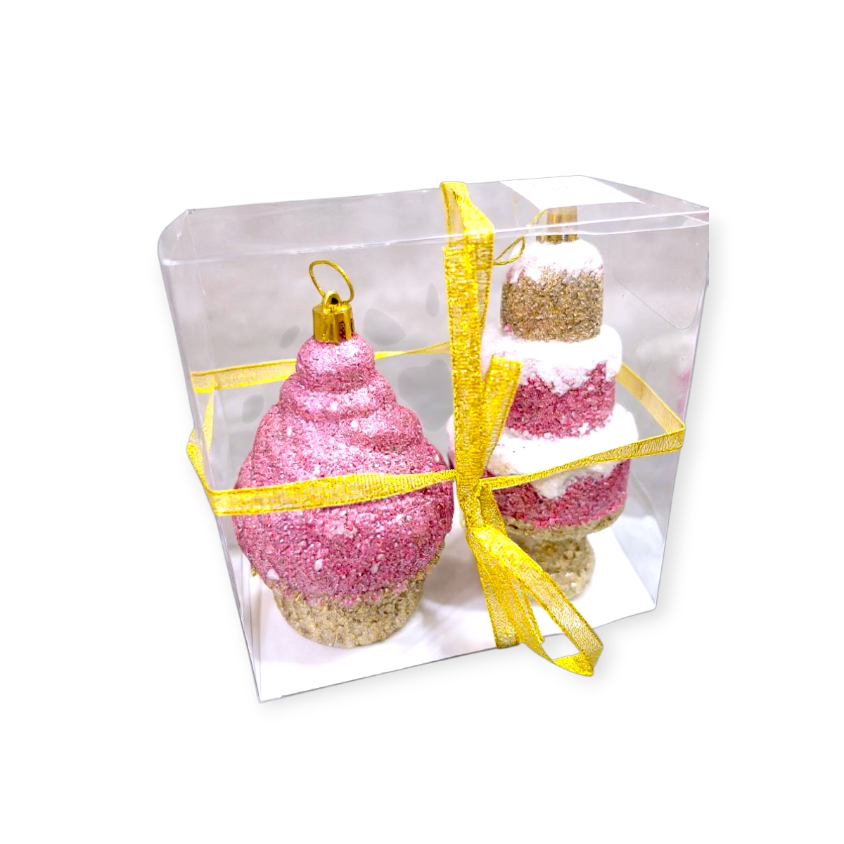 Rózsaszín cupcake és torta karácsonyfadísz szett – 2db