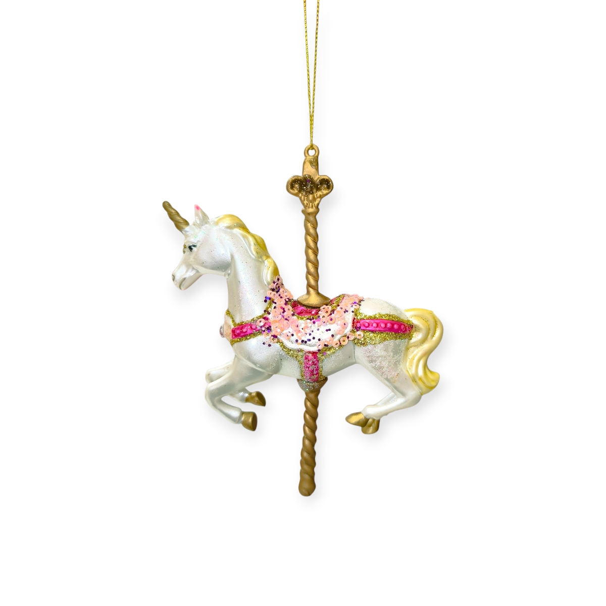 Arany-fehér körhinta ló karácsonyfadísz flitterekkel 13x15cm