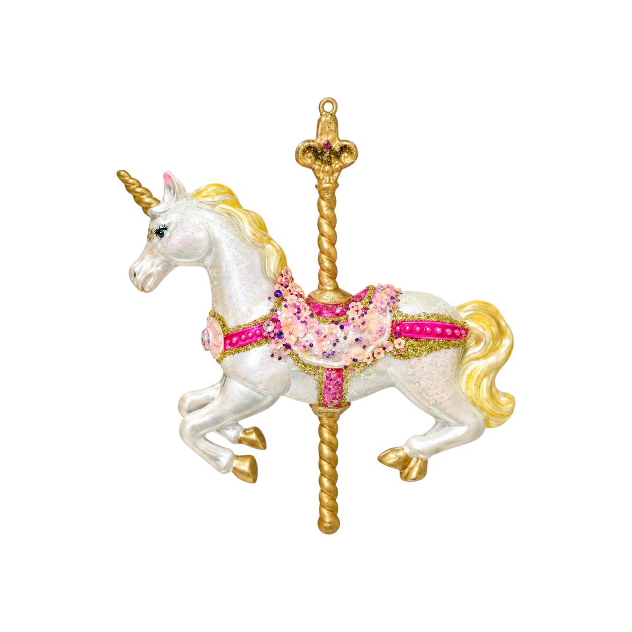 Flitteres arany-fehér körhinta ló dísz (15 cm)