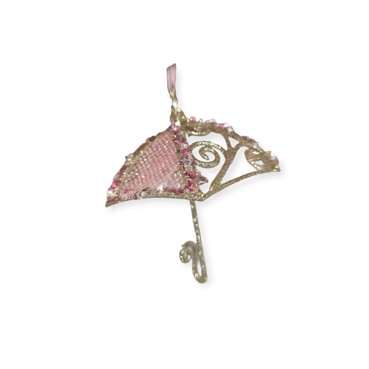 Rózsaszín bézs csillámos esernyő karácsonyfadísz tüllel 14cm