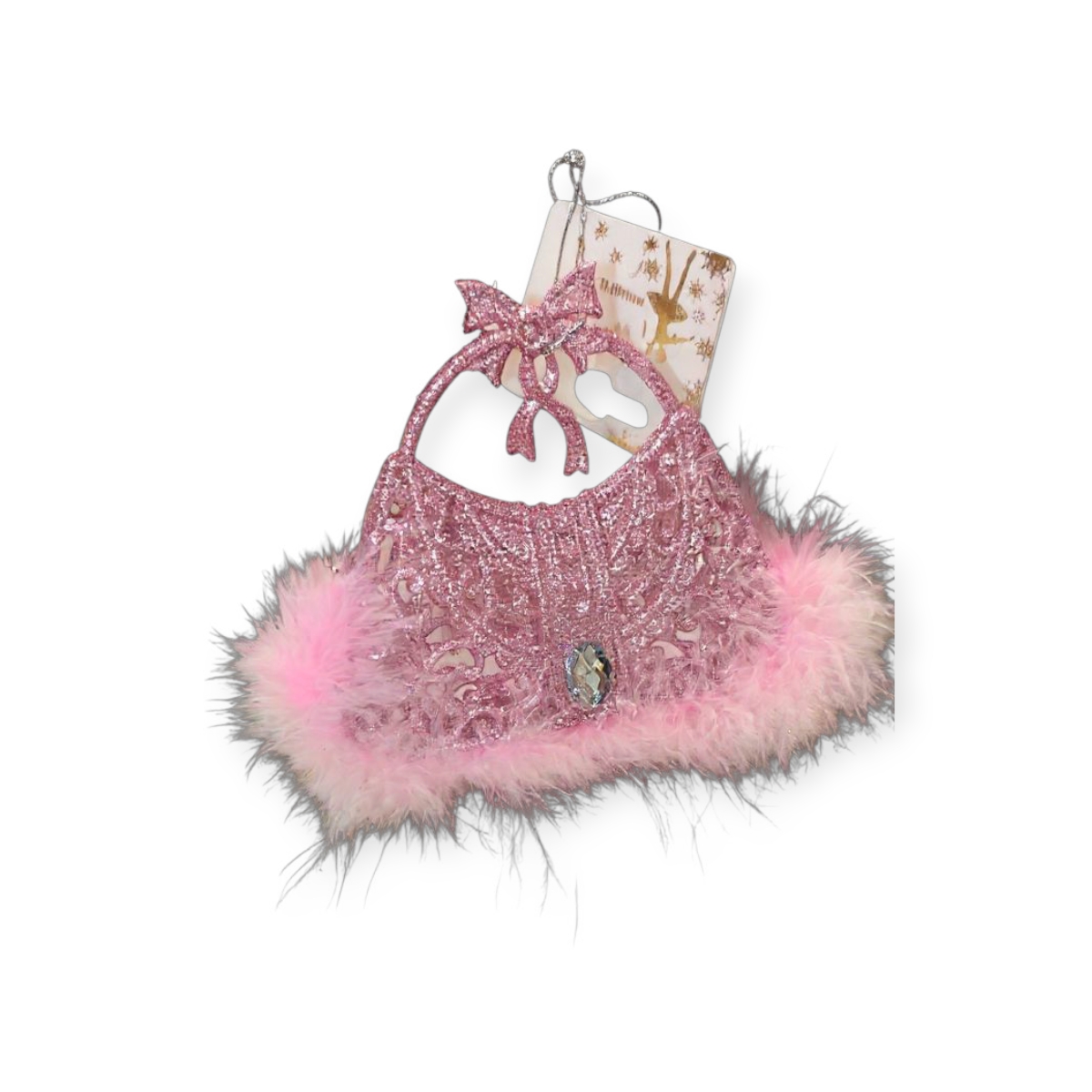 Csillogó rózsaszín karácsonyfadísz pénztárca kővel és tollal 10,5x8,5 cm