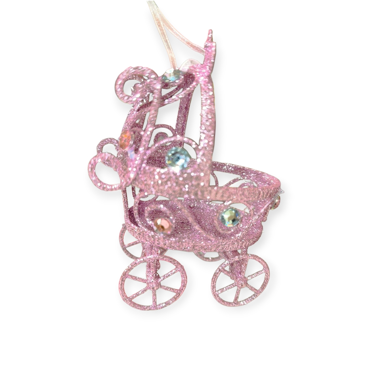 Csillogó rózsaszín karácsonyfadísz babakocsi kristályokkal 9x5x12 cm