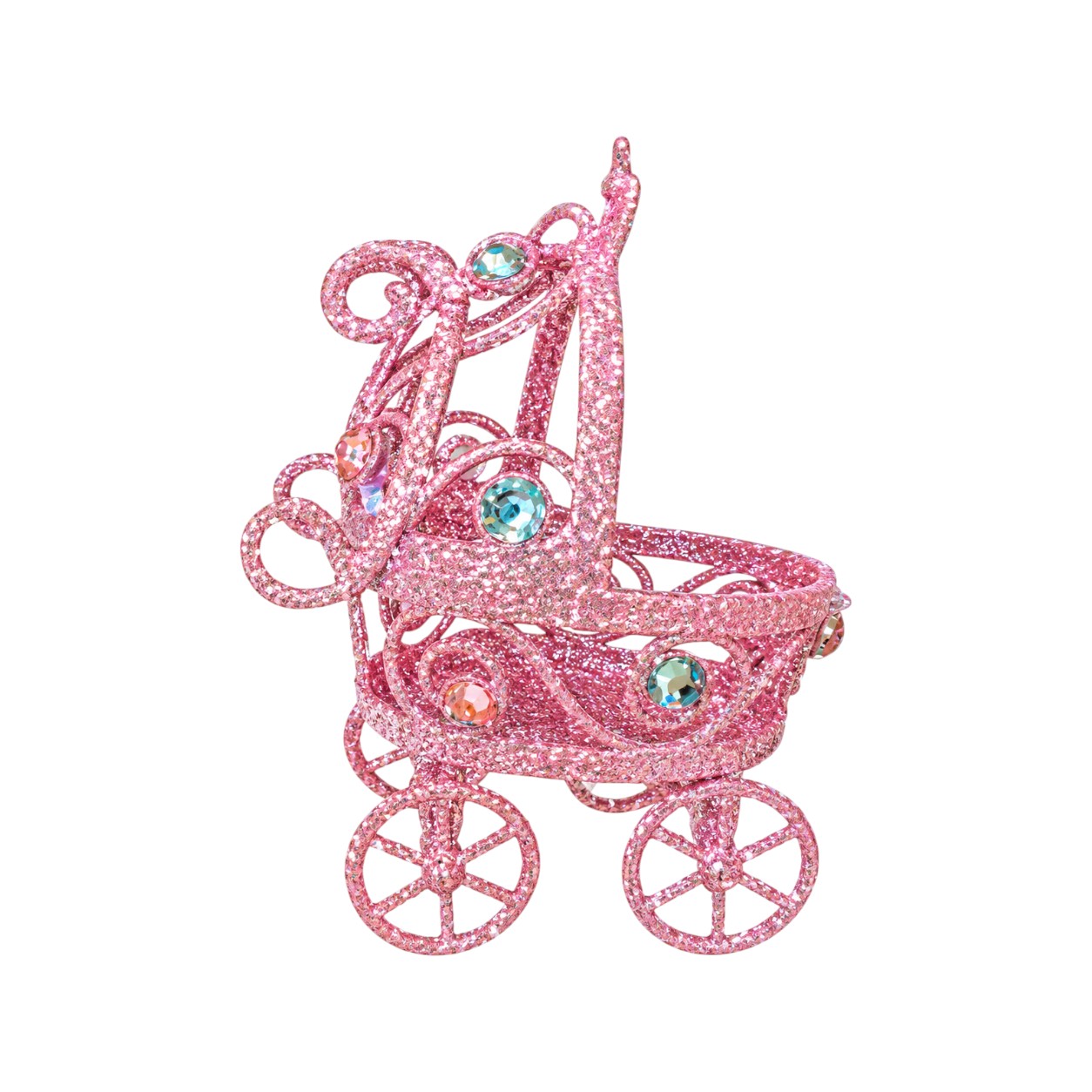 Rózsaszín babakocsi karácsonyfadísz kristályokkal, 12 cm