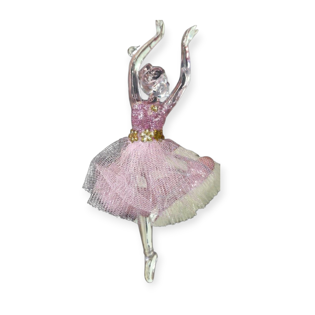 Átlátszó karácsonyfadísz balerina rózsaszín tüll szoknyával 15 cm