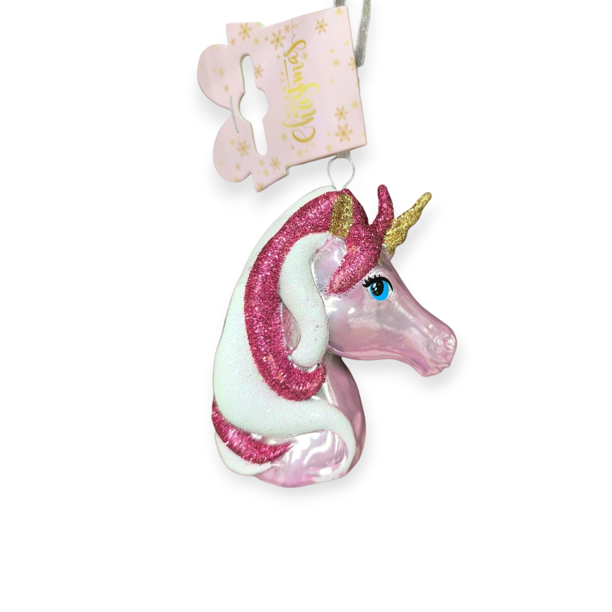 3D karácsonyfadísz egyszarvú fukszia csillámmal és fehér 9 cm