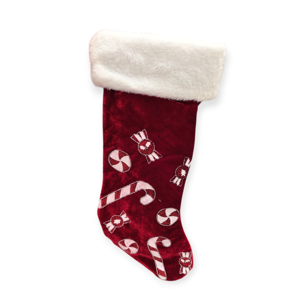 Bordó bársony karácsonyi mikuláscsizma cukorka mintával 48cm