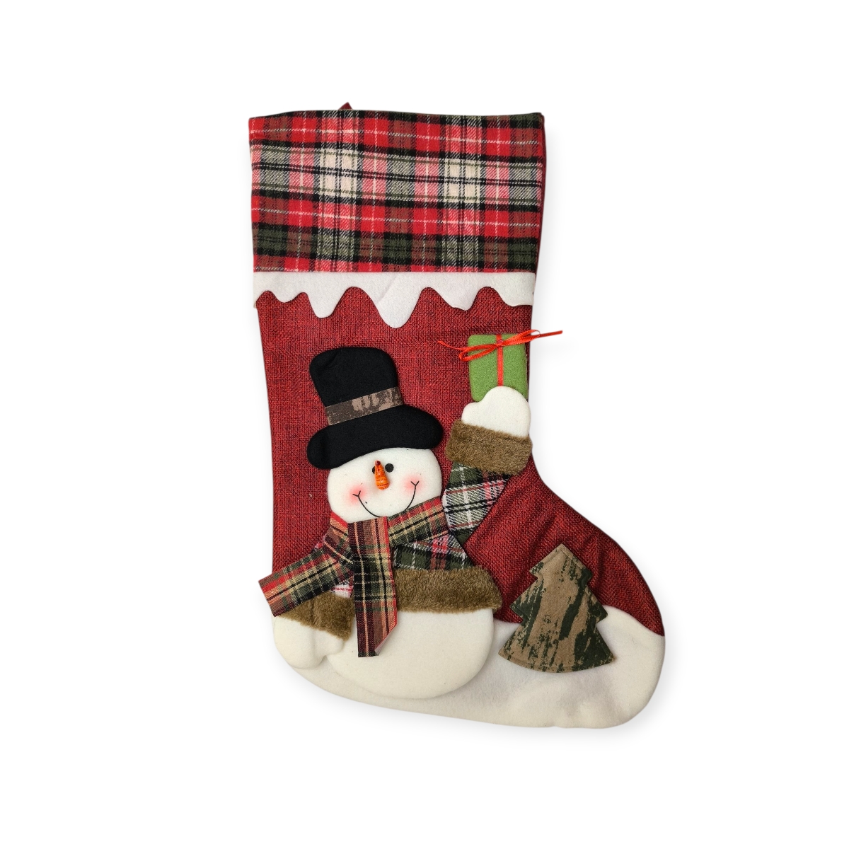 Piros karácsonyi mikuláscsizma hóemberrel fekete sapkával 45cm