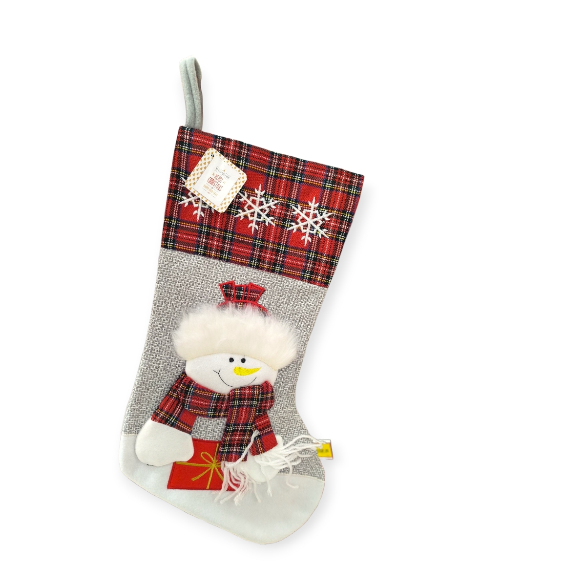 Piros-szürke 3D karácsonyi mikuláscsizma hóemberrel 45cm