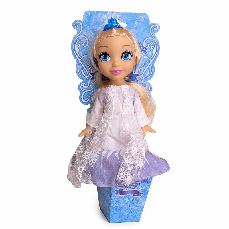 Szőke hercegnő baba 29 cm, fehér-lila ruhában