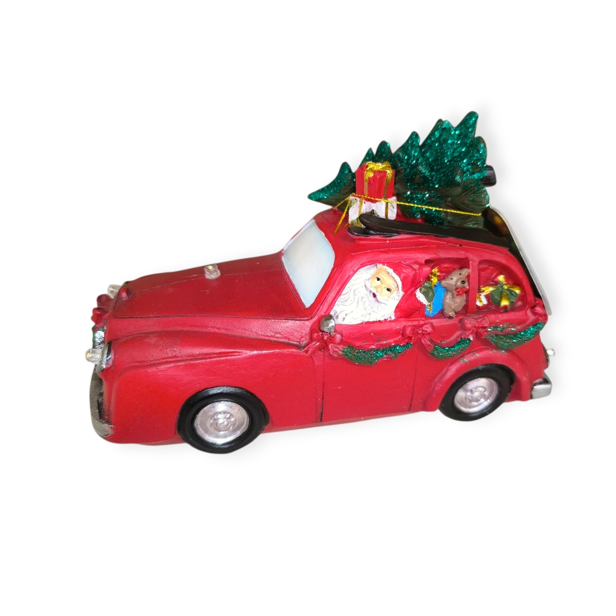 Piros LED-es karácsonyi teherautó Mikulással és ajándékokkal 13cm