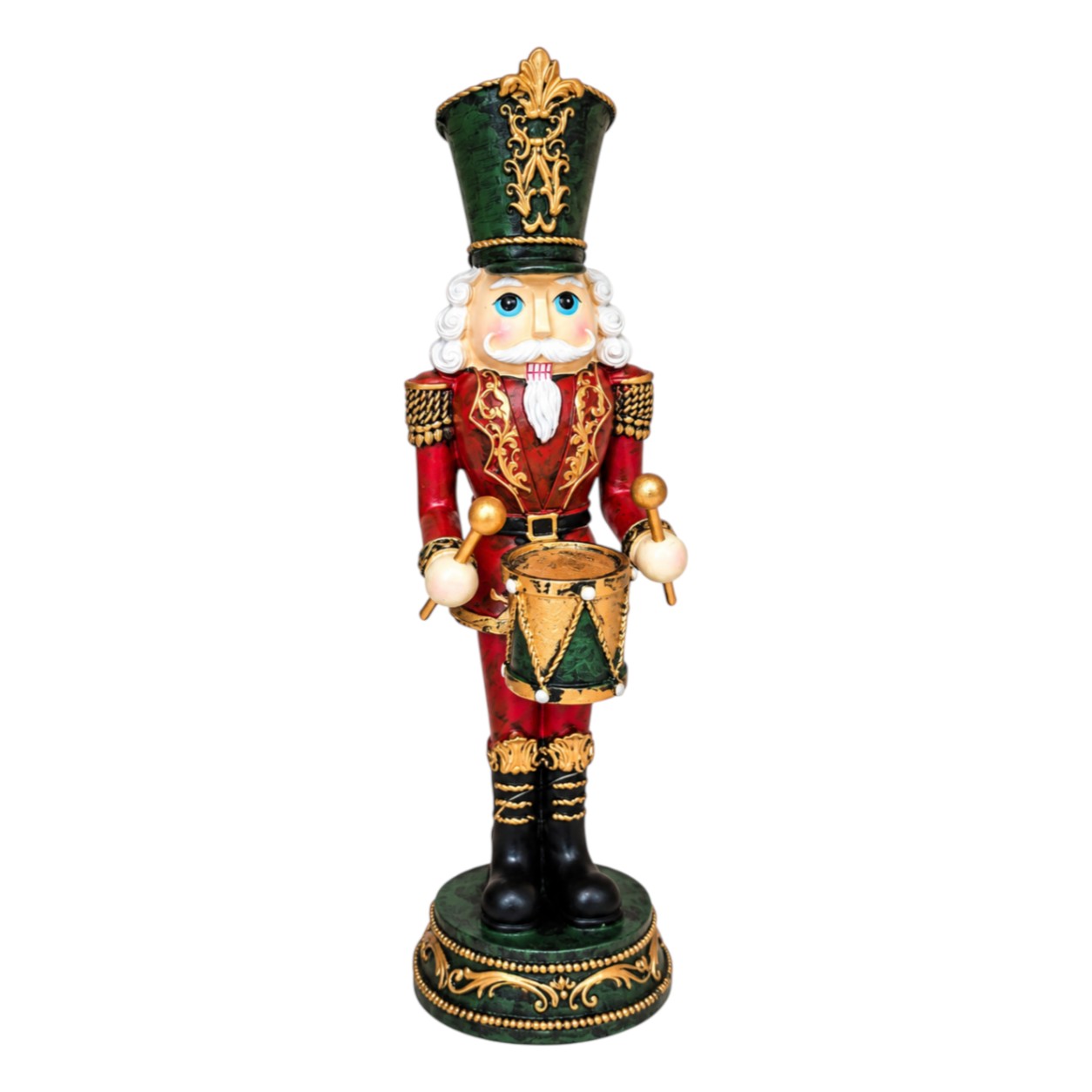 Diótörő dobos katona figura piros-zöld ruhában (34 cm)