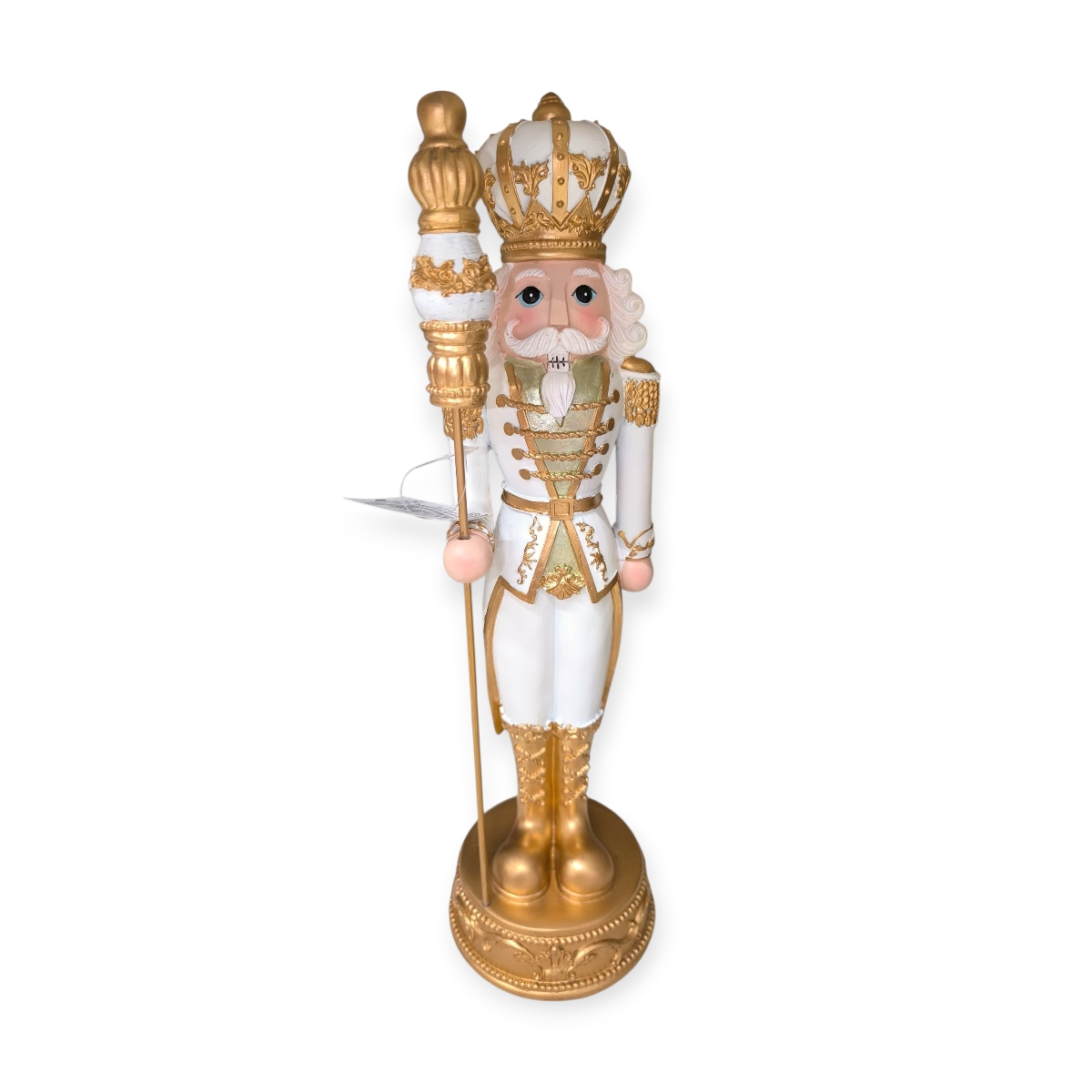 Dekoratív karácsonyi király figura fehér egyenruhával és arany jogarral 42 cm