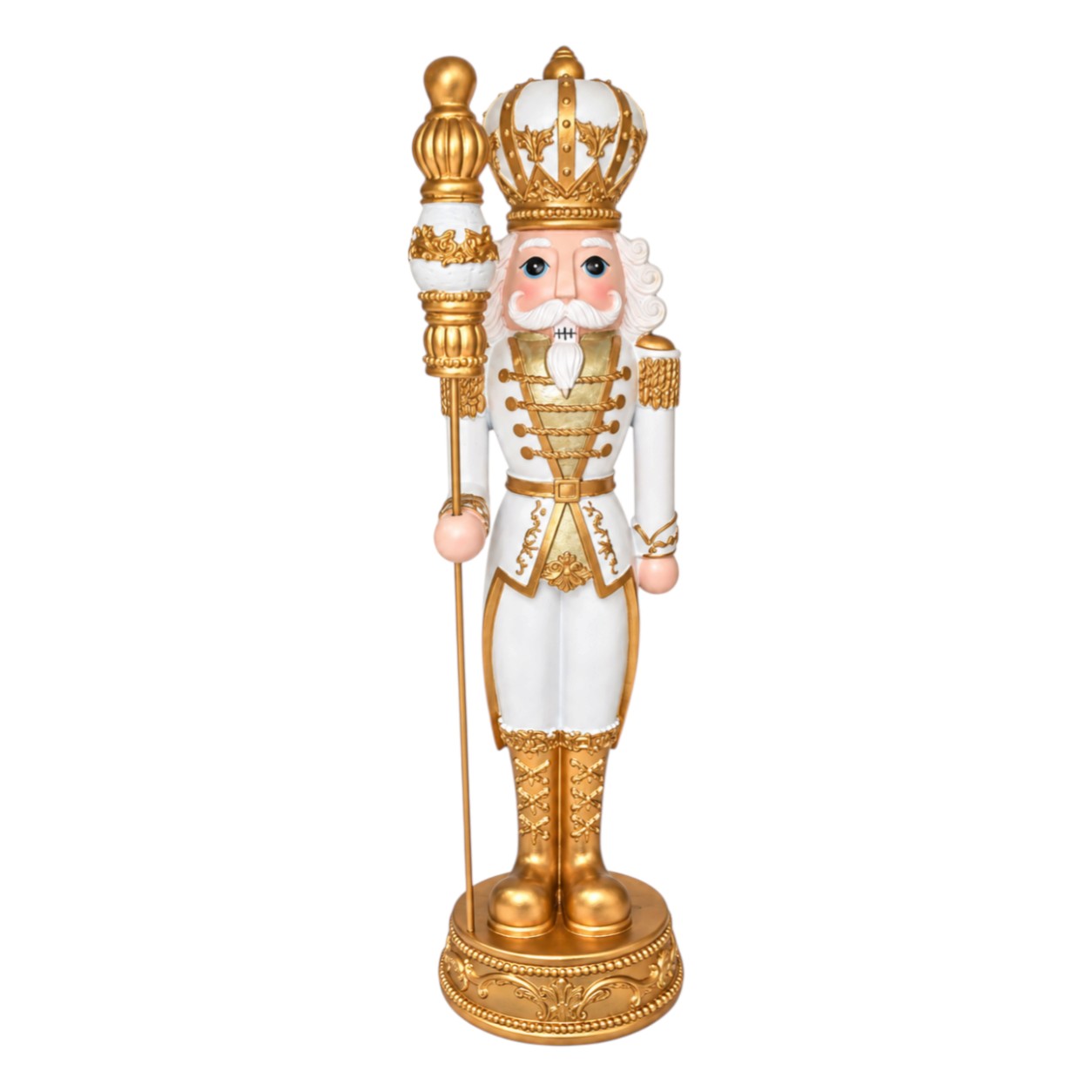 Diótörő király figura fehér-arany ruhában, jogarral (42 cm)